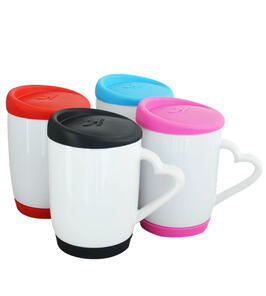 Tapa de Silicona Taza blanca con tapas de colores. Capacidad: 11 oz